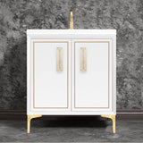 Linkasink - LINEA with 8'' Artisan Glass Prism Hardware 30'' Wide Vanity, White, Satin Brass Hardware, 30'' x 22'' x 33.5'' (without vanity top) - Satin Brass with Eglomise Prism Glass