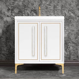 Linkasink - LINEA with 18'' Artisan Glass Prism Hardware 30'' Wide Vanity, White, Polished Brass Hardware, 30'' x 22'' x 33.5'' (without vanity top) - Polished Brass with White Prism Glass
