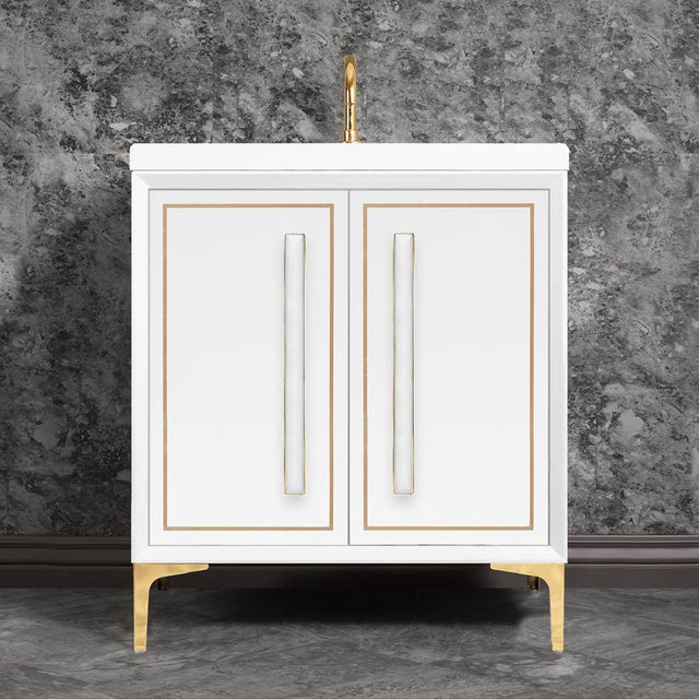 Linkasink - LINEA with 18'' Artisan Glass Prism Hardware 30'' Wide Vanity, White, Polished Brass Hardware, 30'' x 22'' x 33.5'' (without vanity top) - Polished Brass with White Prism Glass