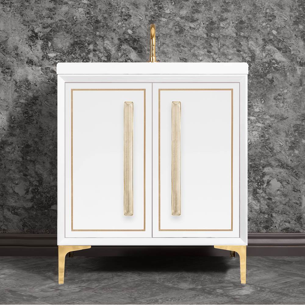 Linkasink - LINEA with 18'' Artisan Glass Prism Hardware 30'' Wide Vanity, White, Polished Brass Hardware, 30'' x 22'' x 33.5'' (without vanity top) - Polished Brass with Eglomise Prism Glass