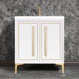 Linkasink - LINEA with 18'' Artisan Glass Prism Hardware 30'' Wide Vanity, White, Polished Brass Hardware, 30'' x 22'' x 33.5'' (without vanity top) - Polished Brass with Eglomise Prism Glass