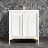 Linkasink - LINEA with 18'' Artisan Glass Prism Hardware 30'' Wide Vanity, White, Satin Brass Hardware, 30'' x 22'' x 33.5'' (without vanity top) - Satin Brass with White Prism Glass