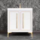 Linkasink - LINEA with 18'' Artisan Glass Prism Hardware 30'' Wide Vanity, White, Satin Brass Hardware, 30'' x 22'' x 33.5'' (without vanity top) - Satin Brass with Eglomise Prism Glass