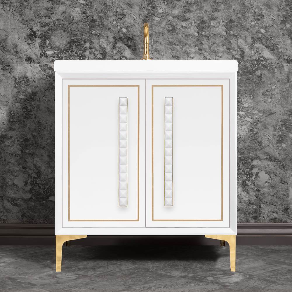 Linkasink - LINEA with 18'' Artisan Glass Pyramid Hardware 30'' Wide Vanity, White, Polished Brass Hardware, 30'' x 22'' x 33.5'' (without vanity top) - Polished Brass with White Pyramid Glass