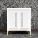 Linkasink - LINEA with 18'' Artisan Glass Pyramid Hardware 30'' Wide Vanity, White, Polished Brass Hardware, 30'' x 22'' x 33.5'' (without vanity top) - Polished Brass with White Pyramid Glass