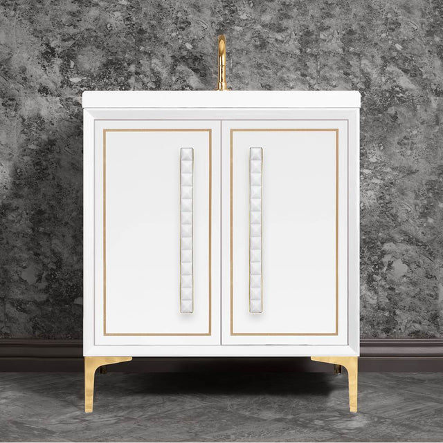 Linkasink - LINEA with 18'' Artisan Glass Pyramid Hardware 30'' Wide Vanity, White, Polished Brass Hardware, 30'' x 22'' x 33.5'' (without vanity top) - Polished Brass with White Pyramid Glass