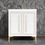 Linkasink - LINEA with 18'' Artisan Glass Pyramid Hardware 30'' Wide Vanity, White, Polished Brass Hardware, 30'' x 22'' x 33.5'' (without vanity top) - Polished Brass with White Pyramid Glass