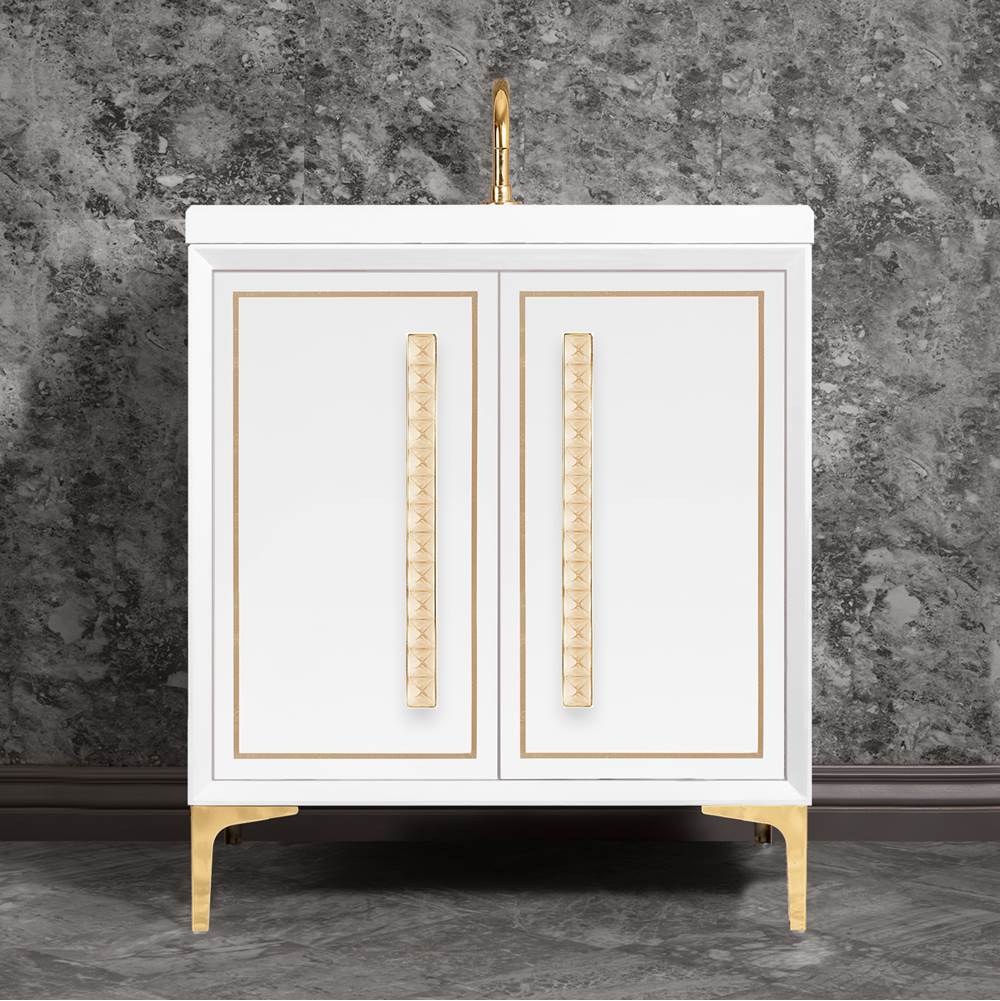 Linkasink - LINEA with 18'' Artisan Glass Pyramid Hardware 30'' Wide Vanity, White, Polished Brass Hardware, 30'' x 22'' x 33.5'' (without vanity top) - Polished Brass with Ã‰glomisÃ© Pyramid Glass