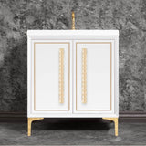 Linkasink - LINEA with 18'' Artisan Glass Pyramid Hardware 30'' Wide Vanity, White, Polished Brass Hardware, 30'' x 22'' x 33.5'' (without vanity top) - Polished Brass with Ã‰glomisÃ© Pyramid Glass