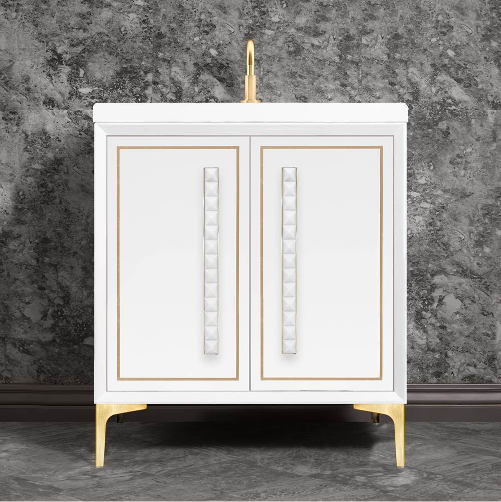 Linkasink - LINEA with 18'' Artisan Glass Pyramid Hardware 30'' Wide Vanity, White, Satin Brass Hardware, 30'' x 22'' x 33.5'' (without vanity top) - Satin Brass with White Pyramid Glass
