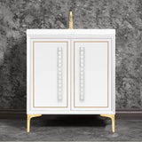 Linkasink - LINEA with 18'' Artisan Glass Pyramid Hardware 30'' Wide Vanity, White, Satin Brass Hardware, 30'' x 22'' x 33.5'' (without vanity top) - Satin Brass with White Pyramid Glass