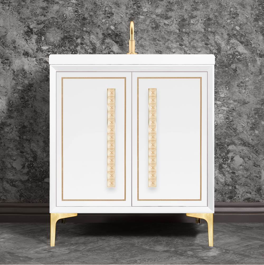 Linkasink - LINEA with 18'' Artisan Glass Pyramid Hardware 30'' Wide Vanity, White, Satin Brass Hardware, 30'' x 22'' x 33.5'' (without vanity top) - Satin Brass with Ã‰glomisÃ© Pyramid Glass
