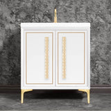 Linkasink - LINEA with 18'' Artisan Glass Pyramid Hardware 30'' Wide Vanity, White, Satin Brass Hardware, 30'' x 22'' x 33.5'' (without vanity top) - Satin Brass with Ã‰glomisÃ© Pyramid Glass
