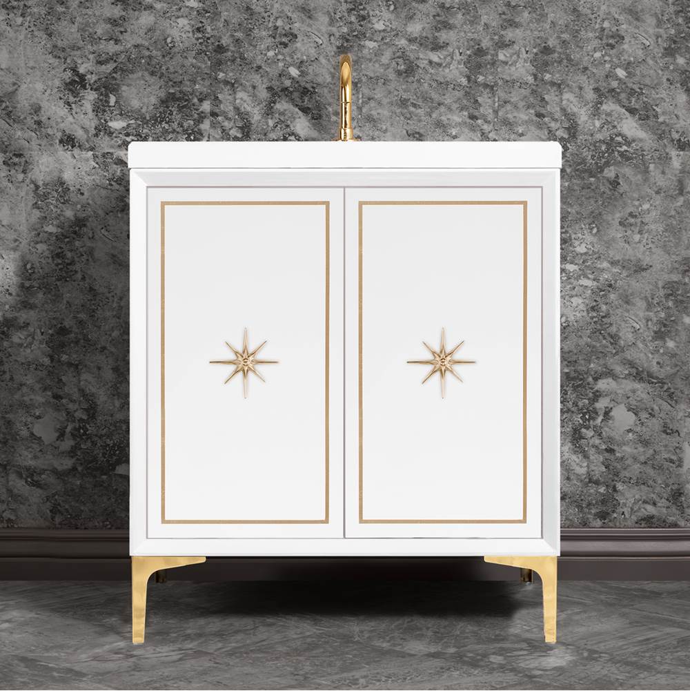 Linkasink - Linea with 3'' Polished Brass Star Hardware, 30'' Wide Vanity, White, 30'' x 22'' x 33.5'' (without vanity top) - Polished Brass