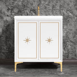 Linkasink - Linea with 3'' Polished Brass Star Hardware, 30'' Wide Vanity, White, 30'' x 22'' x 33.5'' (without vanity top) - Polished Brass
