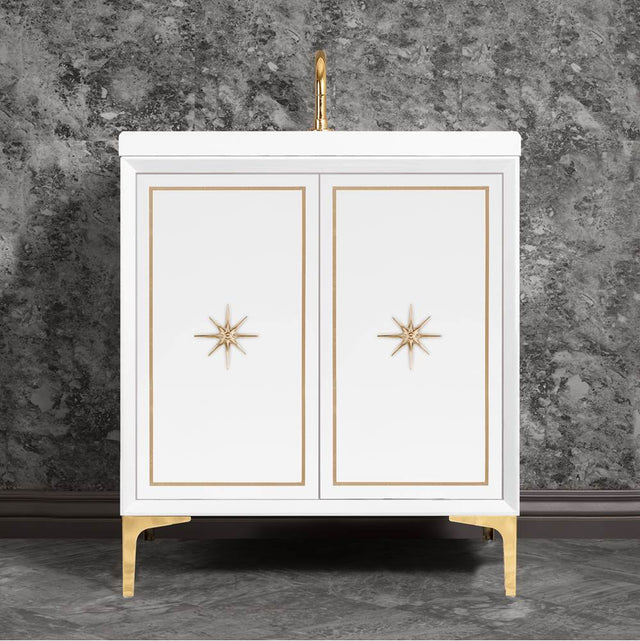 Linkasink - Linea with 3'' Polished Brass Star Hardware, 30'' Wide Vanity, White, 30'' x 22'' x 33.5'' (without vanity top) - Polished Brass