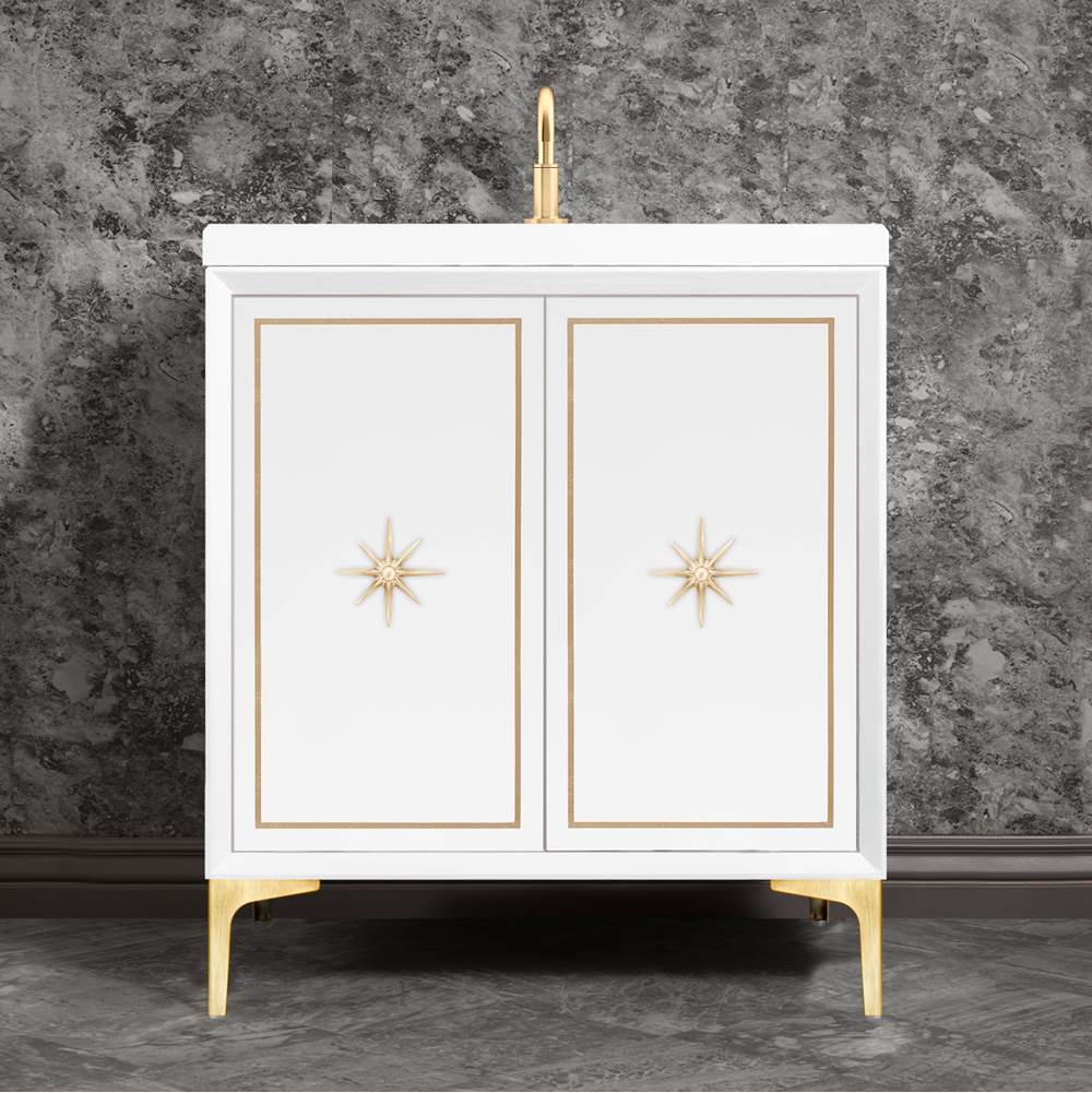 Linkasink - Linea with 3'' Satin Brass Star Hardware, 30'' Wide Vanity, White, 30'' x 22'' x 33.5'' (without vanity top) - Satin Brass