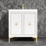 Linkasink - Linea with 3'' Satin Brass Star Hardware, 30'' Wide Vanity, White, 30'' x 22'' x 33.5'' (without vanity top) - Satin Brass