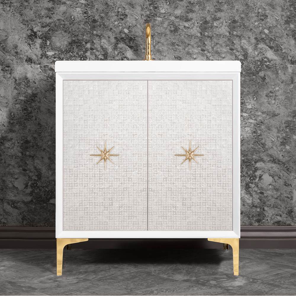 Linkasink - Mother of Pearl with 3'' Polished Brass Star Hardware, 30'' Wide Vanity, White, 30'' x 22'' x 33.5'' (without vanity top) - Polished Brass