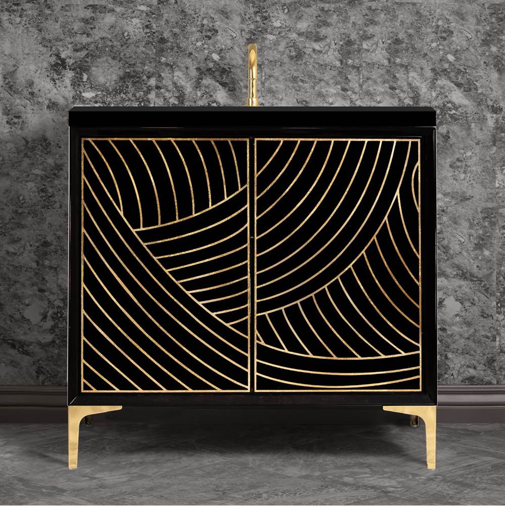 Linkasink - Lateen 36'' Wide Black Vanity with Hand Applied Metal Leaf and Polished Brass Hardware, 36'' x 22'' x 33.5'' (without vanity top) - Black with Polished Brass Hardware