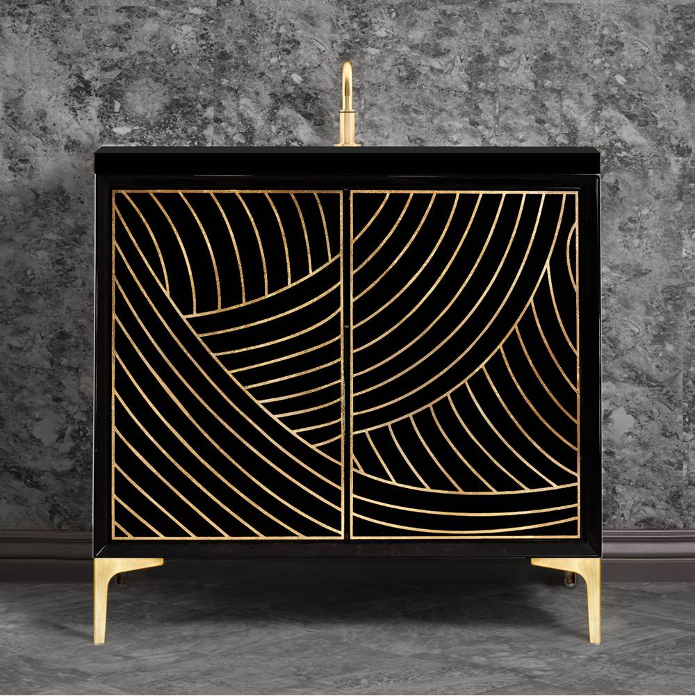 Linkasink - Lateen 36'' Wide Black Vanity with Hand Applied Metal Leaf and Satin Brass Hardware, 36'' x 22'' x 33.5'' (without vanity top) - Black with Satin Brass Hardware