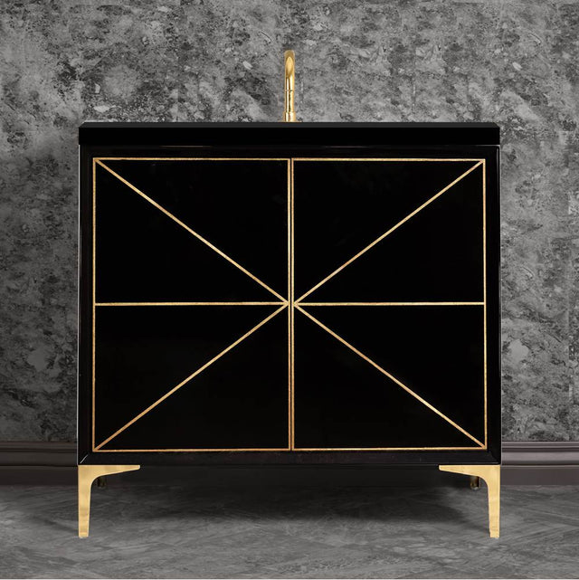 Linkasink - Divergence 36'' Wide Black Vanity with Hand Applied Metal Leaf and Polished Brass Hardware, 36'' x 22'' x 33.5'' (without vanity top) - Black with Polished Brass Hardware