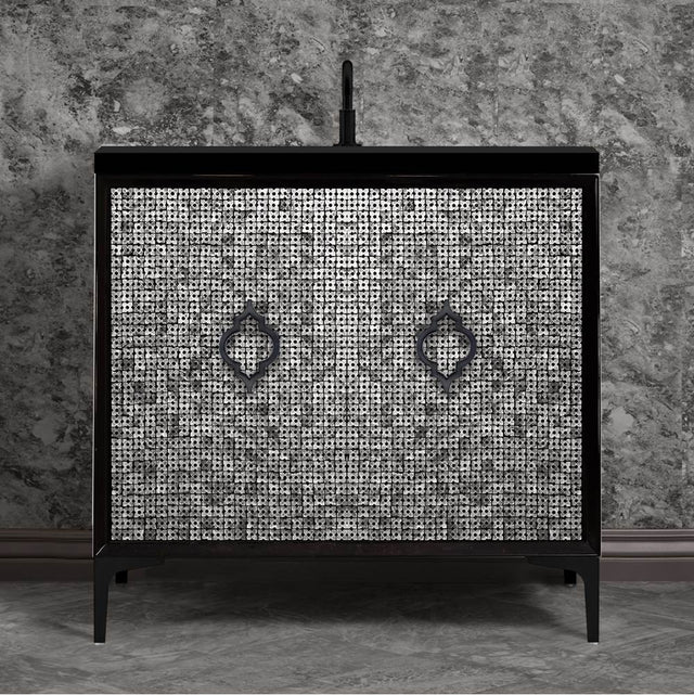 Linkasink - Mother of Pearl 36'' Wide Black Vanity with Satin Black Arabesque Pull and Hardware, 36'' x 22'' x 33.5'' (without vanity top) - Black with Black Hardware