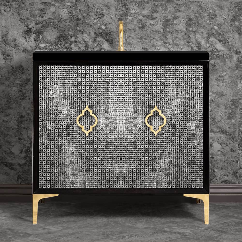 Linkasink - Mother of Pearl 36'' Wide Black Vanity with Polished Brass Arabesque Pull and Hardware, 36'' x 22'' x 33.5'' (without vanity top) - Black with Polished Brass Hardware