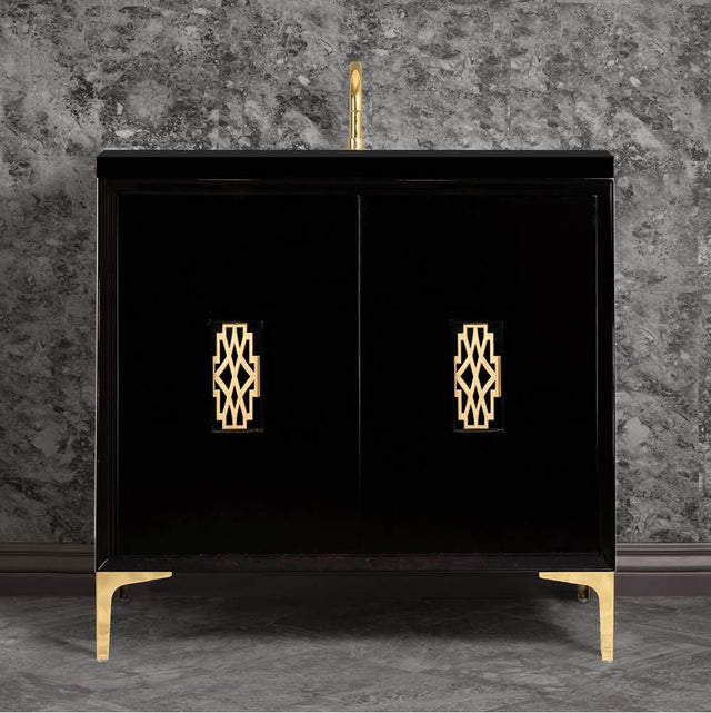 Linkasink - Frame 36'' Wide Black Vanity with Polished Brass Deco Grate and Legs, 36'' x 22'' x 33.5'' (without vanity top) - Black with Polished Brass Hardware