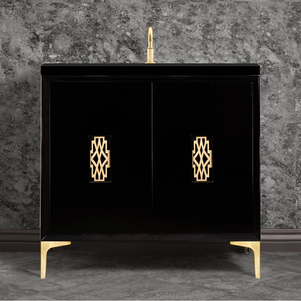 Linkasink - Frame 36'' Wide Black Vanity with Satin Brass Deco Grate and Legs, 36'' x 22'' x 33.5'' (without vanity top) - Black with Satin Brass Hardware