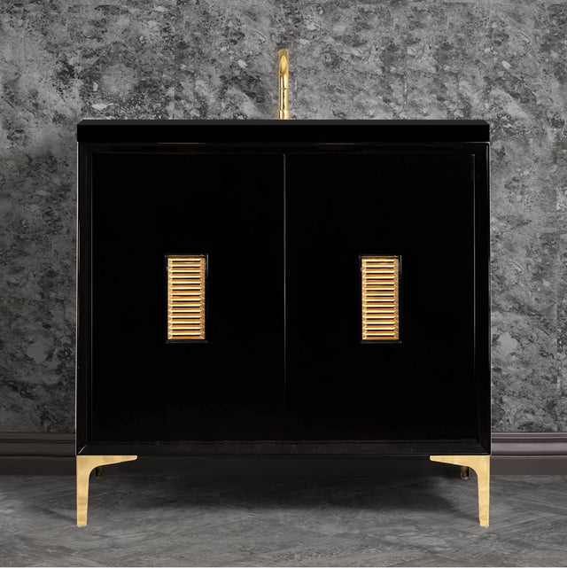 Linkasink - Frame 36'' Wide Black Vanity with Polished Brass Louver Grate and Legs, 36'' x 22'' x 33.5'' (without vanity top) - Black with Polished Brass Hardware