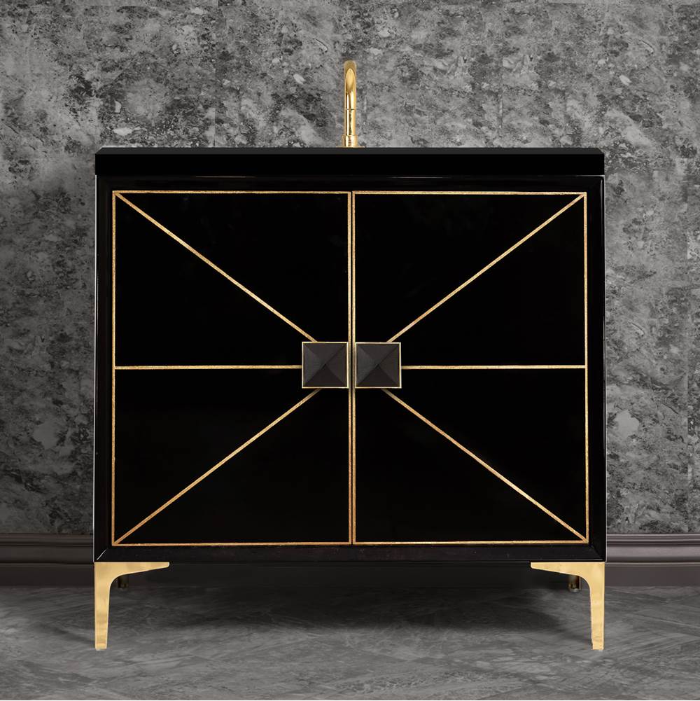 Linkasink - DIVERGENCE with Artisan Glass Hardware 36'' Wide Vanity, Black, Polished Brass Hardware, 36'' x 22'' x 33.5'' (without vanity top) - Polished Brass with Black Glass