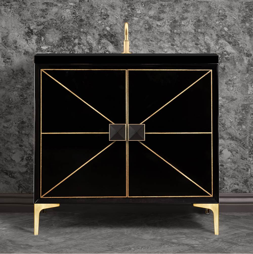 Linkasink - DIVERGENCE with Artisan Glass Hardware 36'' Wide Vanity, Black, Satin Brass Hardware, 36'' x 22'' x 33.5'' (without vanity top) - Satin Brass with Black Glass