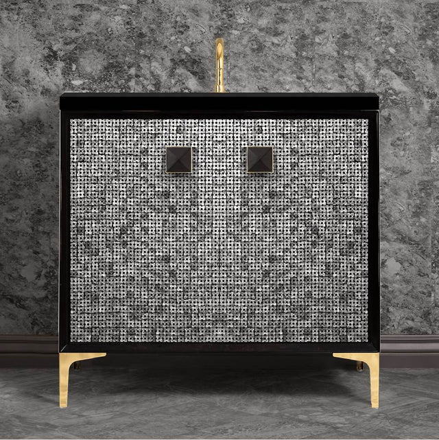Linkasink - MOTHER OF PEARL with 3'' Artisan Glass Prism Hardware 36'' Wide Vanity, Black, Polished Brass Hardware, 36'' x 22'' x 33.5'' (without vanity top) - Polished Brass with Black Prism Glass