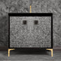 Linkasink - MOTHER OF PEARL with 3'' Artisan Glass Prism Hardware 36'' Wide Vanity, Black, Polished Brass Hardware, 36'' x 22'' x 33.5'' (without vanity top) - Polished Brass with Black Prism Glass