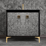 Linkasink - MOTHER OF PEARL with 3'' Artisan Glass Prism Hardware 36'' Wide Vanity, Black, Polished Brass Hardware, 36'' x 22'' x 33.5'' (without vanity top) - Polished Brass with Black Tiger Prism Glass