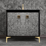 Linkasink - Mother of Pearl with 3'' Black Tiger Artisan Glass Prism, 36'' Wide Vanity, Black, Satin Brass Hardware with White Glass, 36'' x 22'' x 33.5'' (without vanity top) - Satin Brass with Black Tiger Prism Glass
