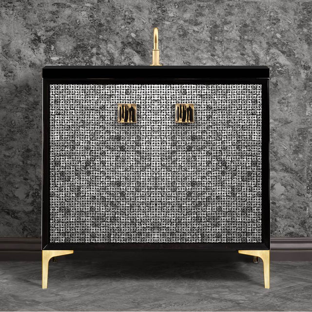 Linkasink - Mother of Pearl with 3'' Black Tiger Artisan Glass Prism, 36'' Wide Vanity, Black, Satin Brass Hardware with White Glass, 36'' x 22'' x 33.5'' (without vanity top) - Satin Brass with Black Tiger Prism Glass