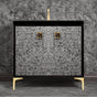 Linkasink - Mother of Pearl with 3'' Black Tiger Artisan Glass Prism, 36'' Wide Vanity, Black, Satin Brass Hardware with White Glass, 36'' x 22'' x 33.5'' (without vanity top) - Satin Brass with Black Tiger Prism Glass
