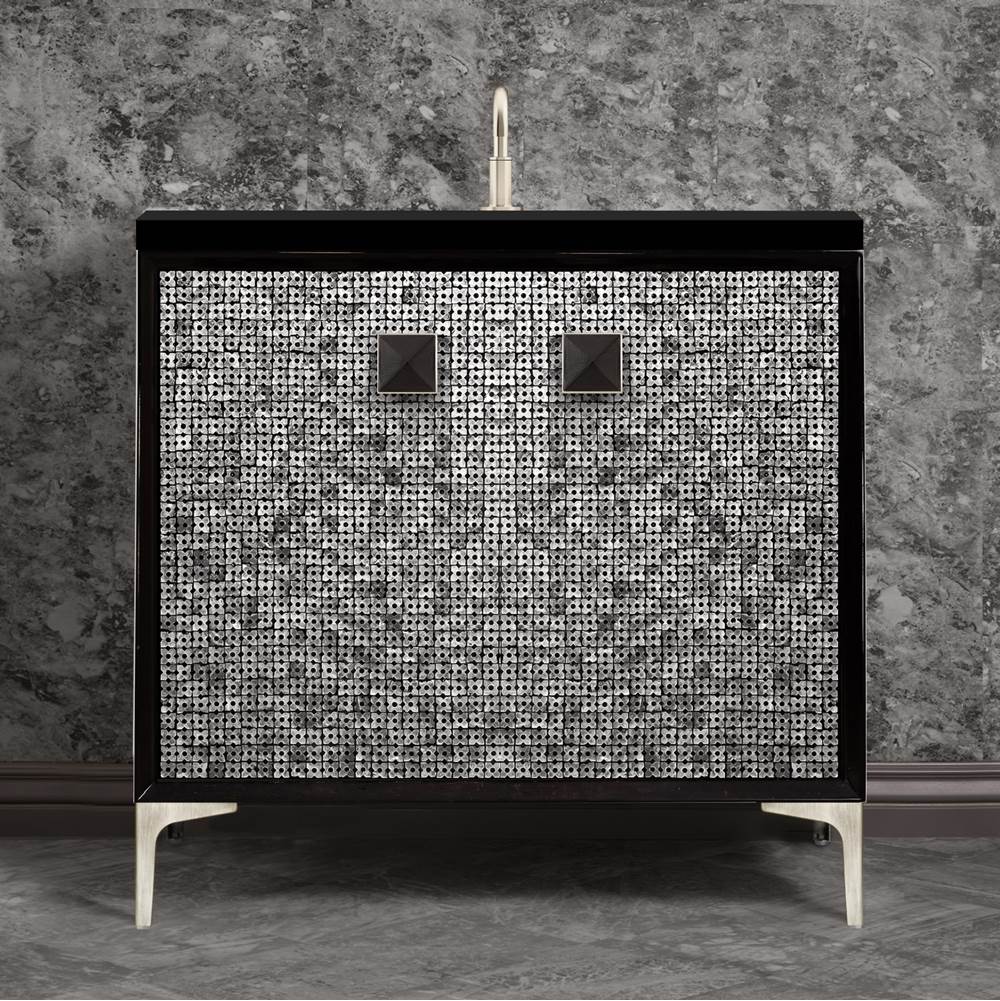 Linkasink - MOTHER OF PEARL with 3'' Artisan Glass Prism Hardware 36'' Wide Vanity, Black, Satin Nickel Hardware, 36'' x 22'' x 33.5'' (without vanity top) - Satin Nickel with Black Prism Glass