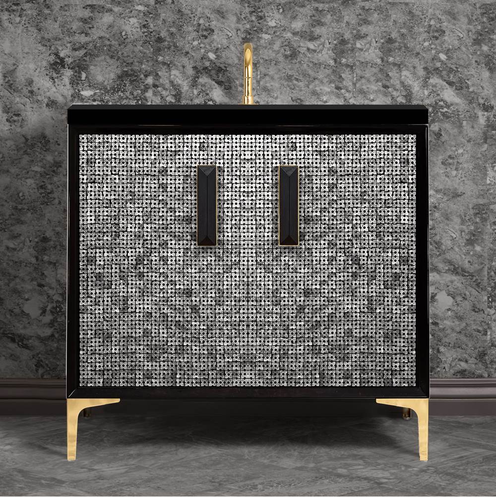Linkasink - MOTHER OF PEARL with 8'' Artisan Glass Prism Hardware 36'' Wide Vanity, Black, Polished Brass Hardware, 36'' x 22'' x 33.5'' (without vanity top) - Polished Brass with Black Prism Glass