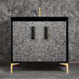 Linkasink - MOTHER OF PEARL with 8'' Artisan Glass Prism Hardware 36'' Wide Vanity, Black, Polished Brass Hardware, 36'' x 22'' x 33.5'' (without vanity top) - Polished Brass with Black Prism Glass