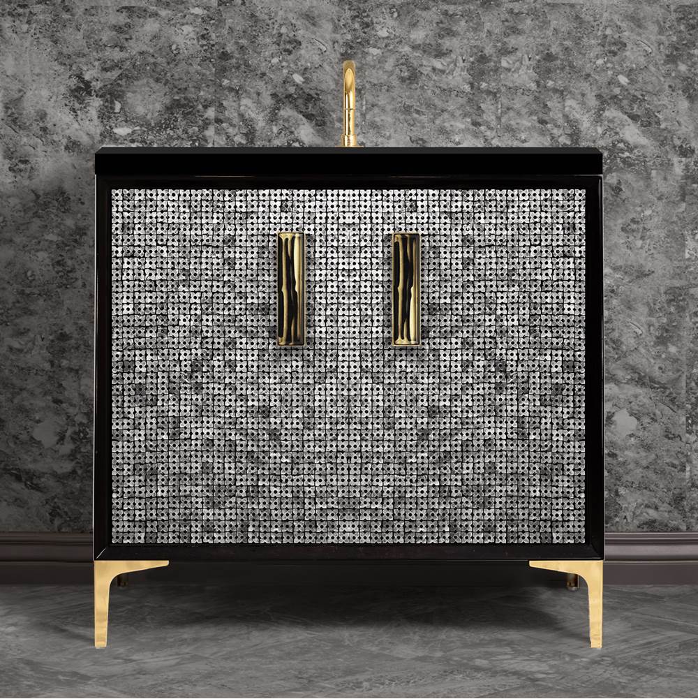 Linkasink - MOTHER OF PEARL with 8'' Artisan Glass Prism Hardware 36'' Wide Vanity, Black, Polished Brass Hardware, 36'' x 22'' x 33.5'' (without vanity top) - Polished Brass with Black Tiger Prism Glass