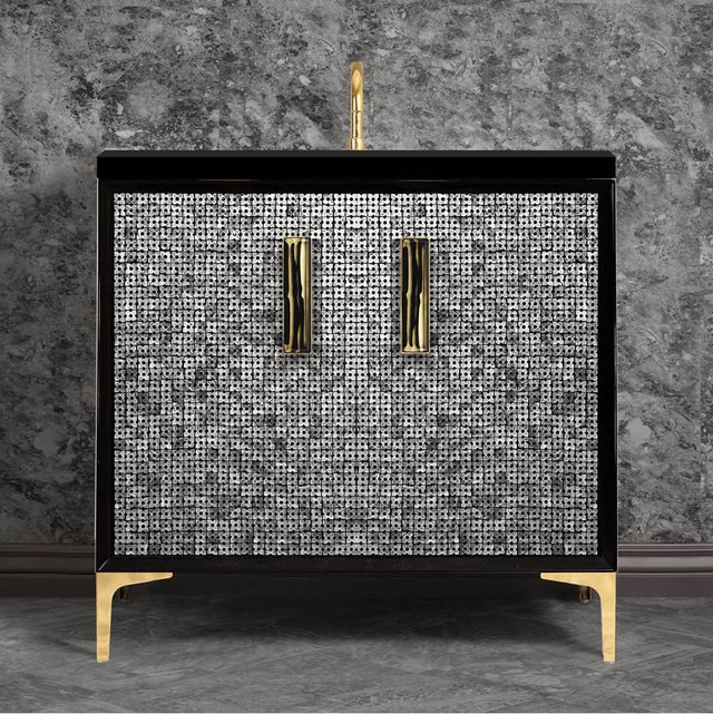 Linkasink - MOTHER OF PEARL with 8'' Artisan Glass Prism Hardware 36'' Wide Vanity, Black, Polished Brass Hardware, 36'' x 22'' x 33.5'' (without vanity top) - Polished Brass with Black Tiger Prism Glass