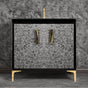 Linkasink - MOTHER OF PEARL with 8'' Artisan Glass Prism Hardware 36'' Wide Vanity, Black, Polished Brass Hardware, 36'' x 22'' x 33.5'' (without vanity top) - Polished Brass with Black Tiger Prism Glass