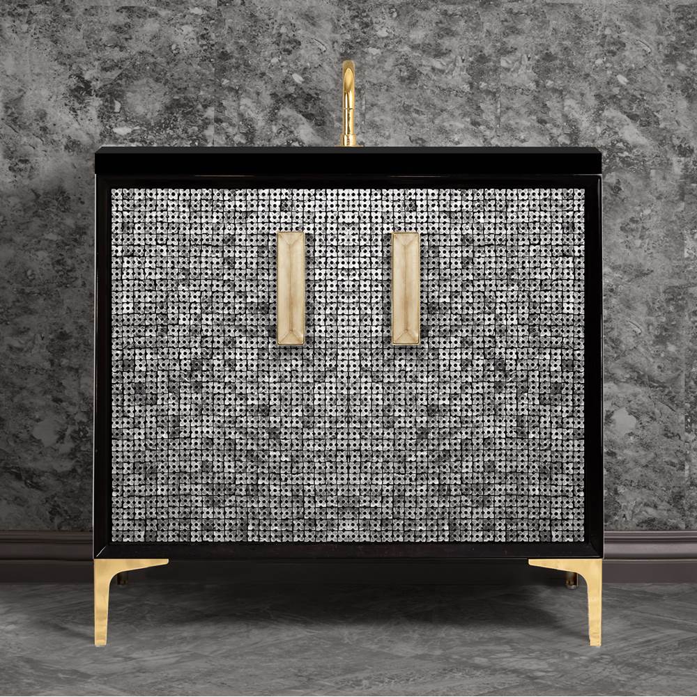 Linkasink - MOTHER OF PEARL with 8'' Artisan Glass Prism Hardware 36'' Wide Vanity, Black, Polished Brass Hardware, 36'' x 22'' x 33.5'' (without vanity top) - Polished Brass with Eglomise Prism Glass