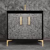 Linkasink - MOTHER OF PEARL with 8'' Artisan Glass Prism Hardware 36'' Wide Vanity, Black, Polished Brass Hardware, 36'' x 22'' x 33.5'' (without vanity top) - Polished Brass with Eglomise Prism Glass