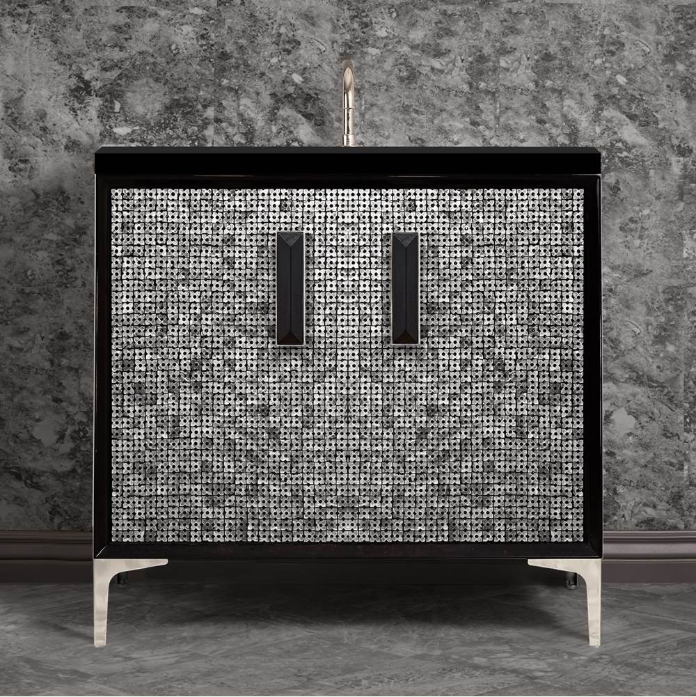 Linkasink - MOTHER OF PEARL with 8'' Artisan Glass Prism Hardware 36'' Wide Vanity, Black, Polished Nickel Hardware, 36'' x 22'' x 33.5'' (without vanity top) - Polished Nickel with Black Prism Glass