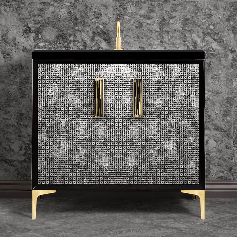 Linkasink - Mother of Pearl with 8'' Black Tiger Artisan Glass Prism, 36'' Wide Vanity, Black, Satin Brass Hardware with White Glass, 36'' x 22'' x 33.5'' (without vanity top) - Satin Brass with Black Tiger Prism Glass