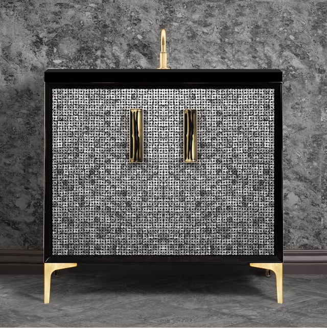 Linkasink - Mother of Pearl with 8'' Black Tiger Artisan Glass Prism, 36'' Wide Vanity, Black, Satin Brass Hardware with White Glass, 36'' x 22'' x 33.5'' (without vanity top) - Satin Brass with Black Tiger Prism Glass